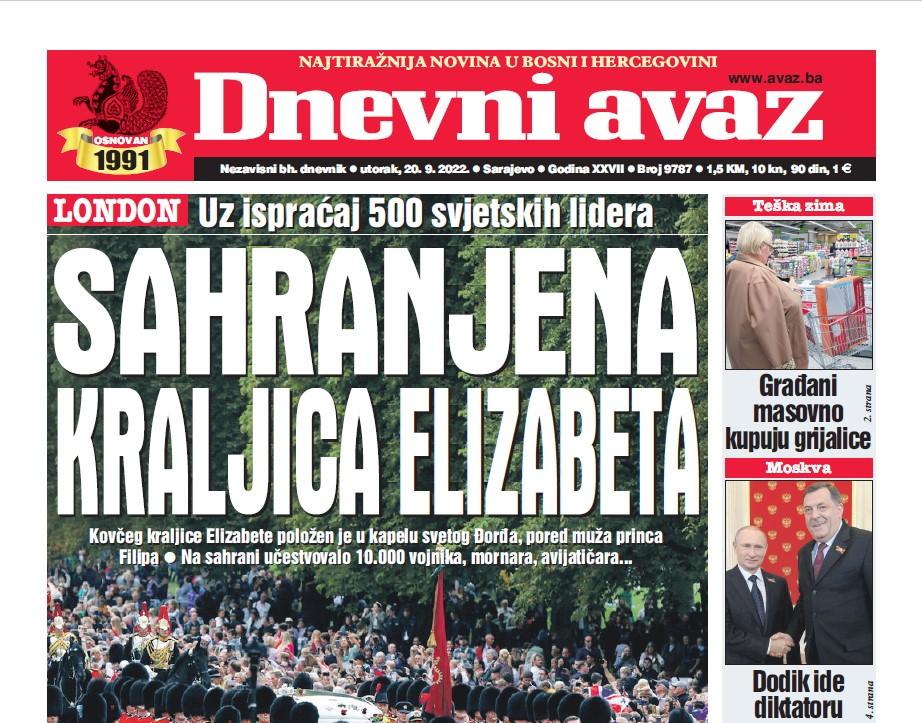 U današnjem izdanju "Dnevnog avaza" čitajte: Sahranjena kraljica Elizabeta