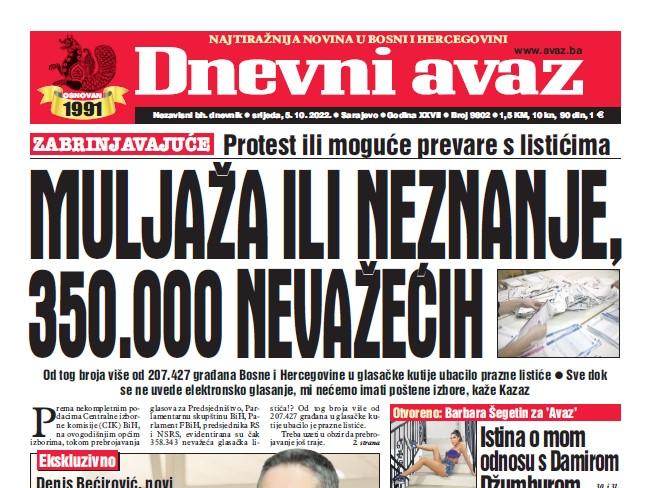 Danas u "Dnevnom avazu" čitajte: Muljaža ili neznanje, 350.000 nevažećih listića