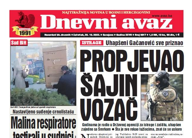 Danas u "Dnevnom avazu" čitajte: Propjevao Šajin vozač!