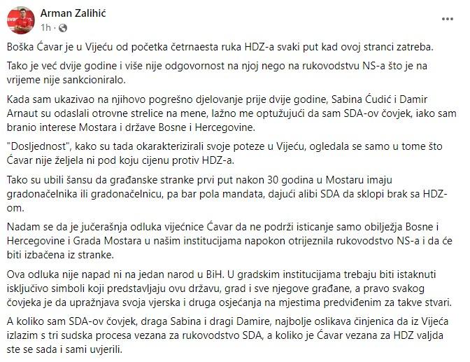 Facebbok status Armana Zalihića - Avaz