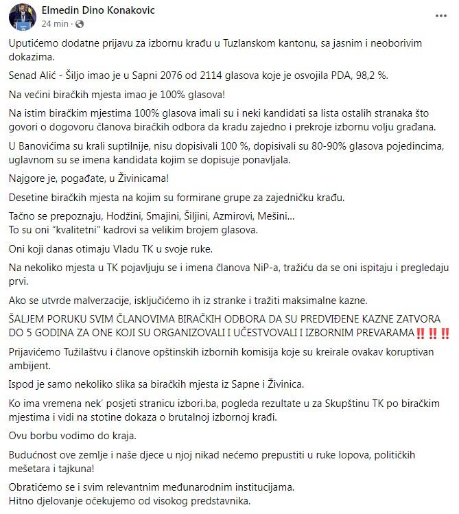 Status Elmedina Konakovića na Facebooku - Avaz