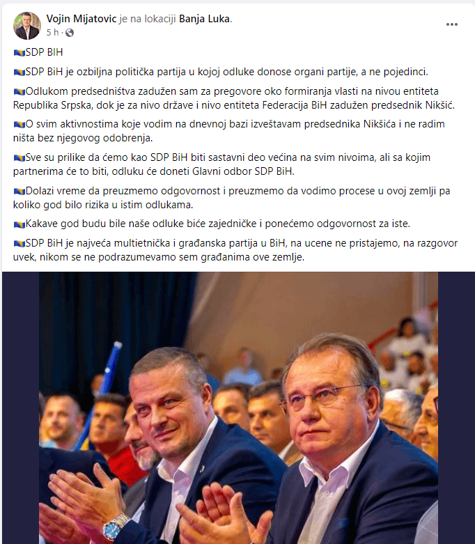 Facebook status Vojina Mijatovića - Avaz