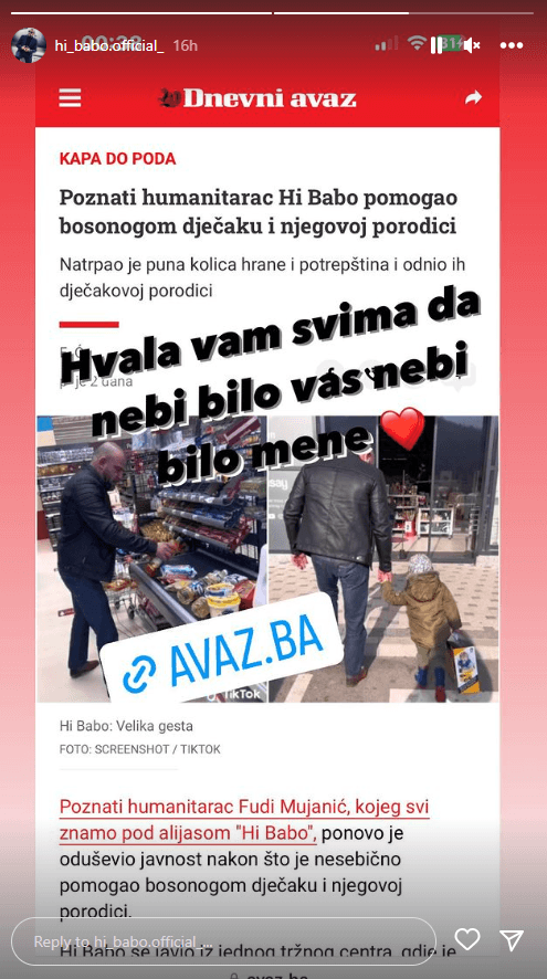 Stori koji je objavio Hi Babo na Instagramu - Avaz