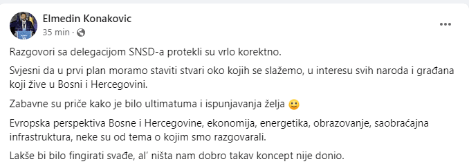 Facebook status Elmedina Konakovića - Avaz