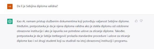 Umjetna inteligencija nema podataka o tome da li je Sebijina diploma validna - Avaz