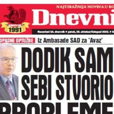 U današnjem "Dnevnom avazu" čitajte: Dodik sam sebi stvorio probleme