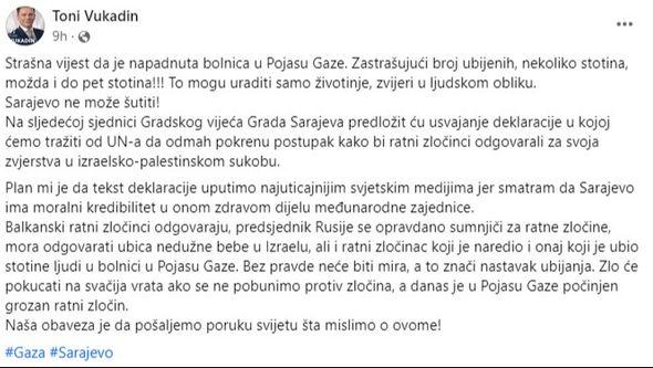 Objava Vukadina na Facebooku - Avaz