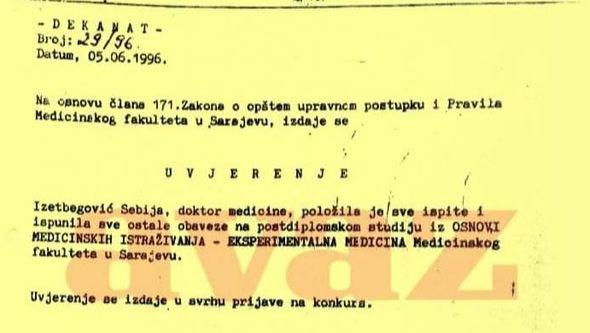 Faksimil uvjerenja od 5. juna 1996. godine kojim Medicinski fakultet potvrđuje da je Izetbegović položila sve ispite.  - Avaz