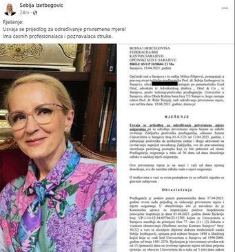 Objava Sebije Izetbegović na Facebooku - Avaz