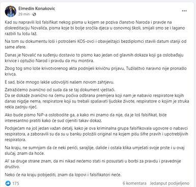 Facebook status Elmedina Konakovića - Avaz