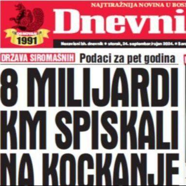 U današnjem "Dnevnom avazu" čitajte o alarmantnom podatku: Osam milijardi KM spiskali na kockanje