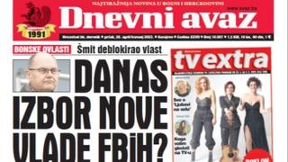 U današnjem "Dnevnom avazu" čitajte: Danas izbor nove Vlade FBiH?