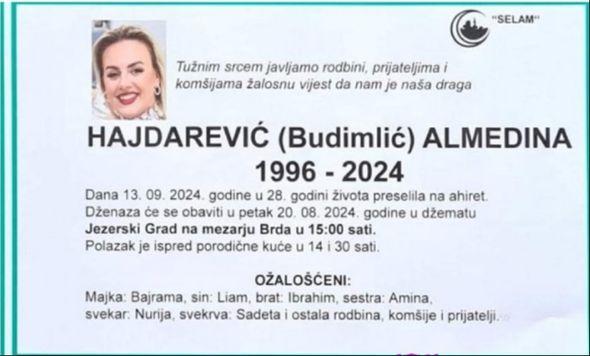 Posmrtnica Almedina Hajdarević - Avaz