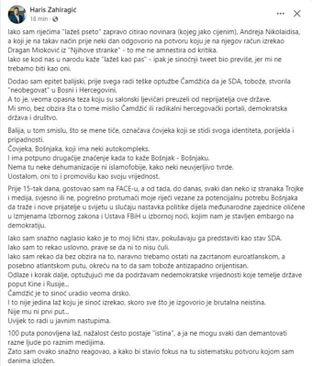 Facebook status Harisa Zahiragića - Avaz