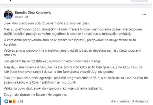 Facebook status Elmedina Konakovića - Avaz