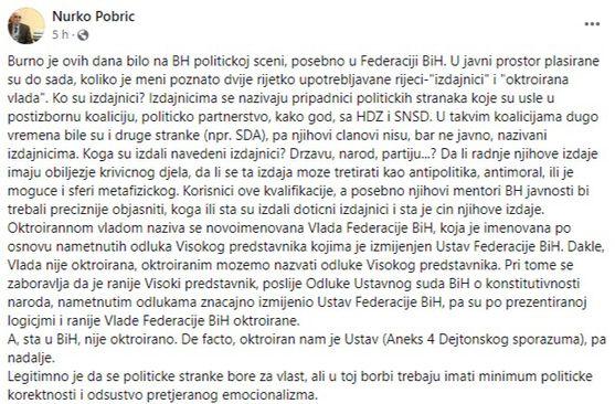 Objava Pobrića na Facebooku  - Avaz